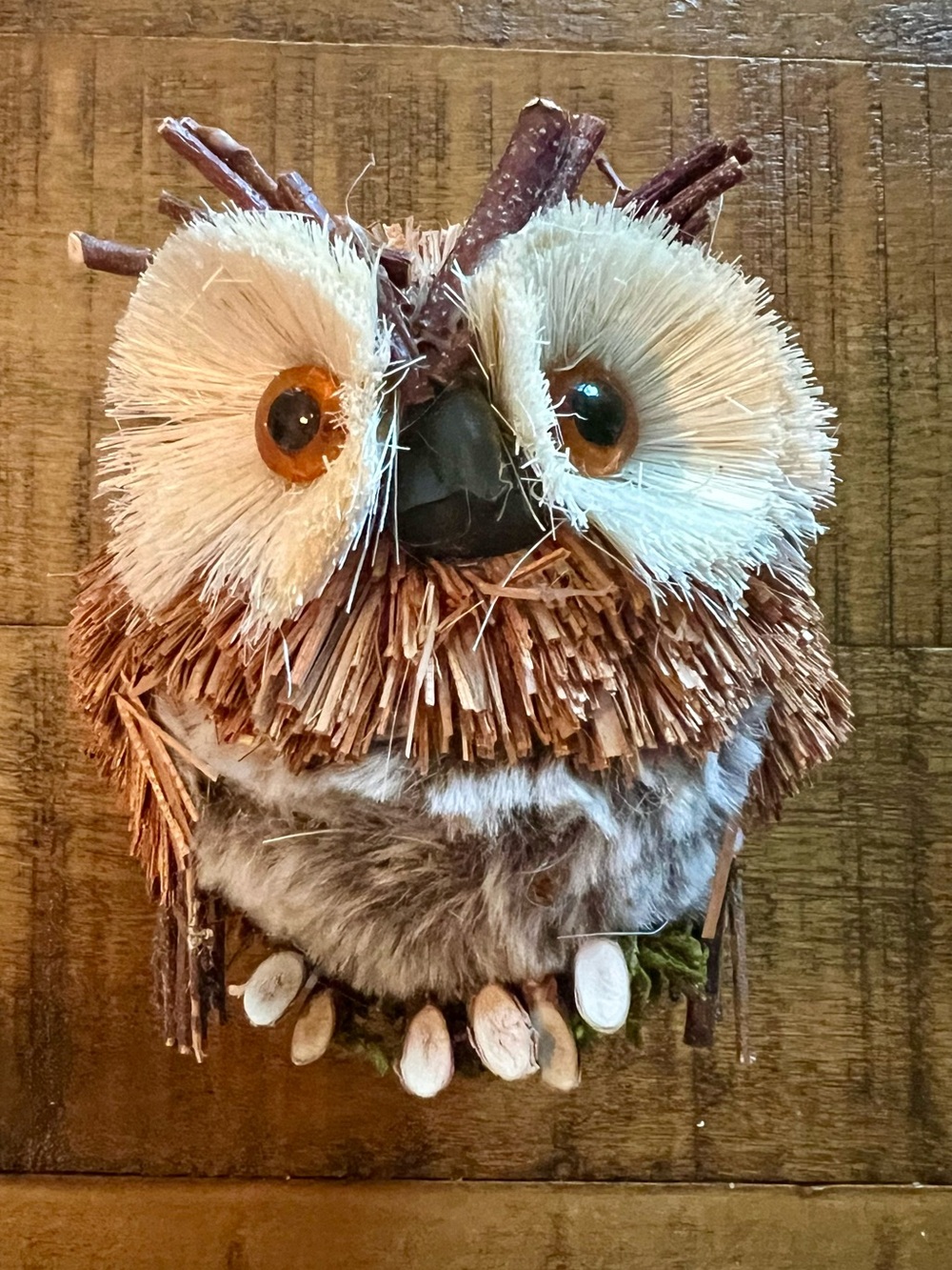 Whimsical Vintage Handcrafted Woodland Owl Figurine Natural Materials Folk Art